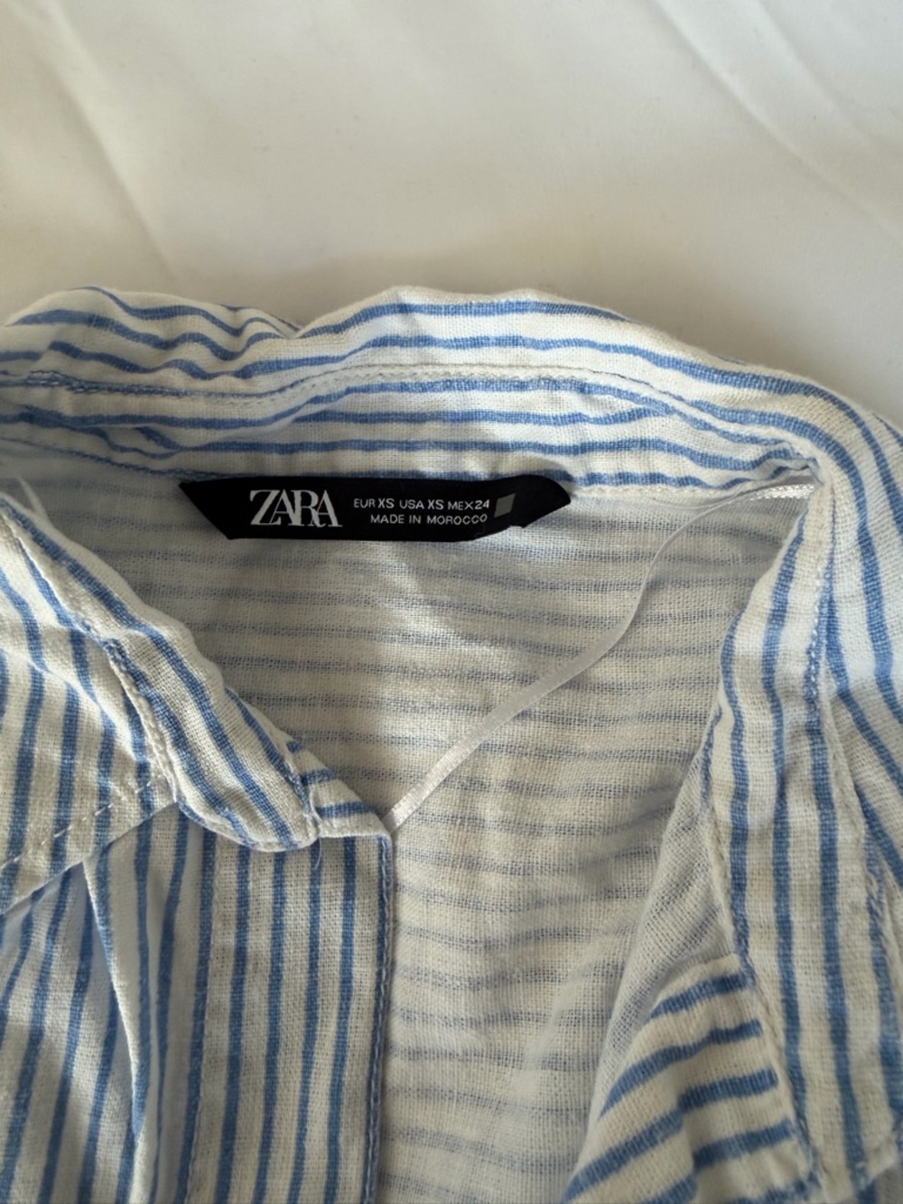 Zara White and Blue Striped Linen-Cotton Shirt